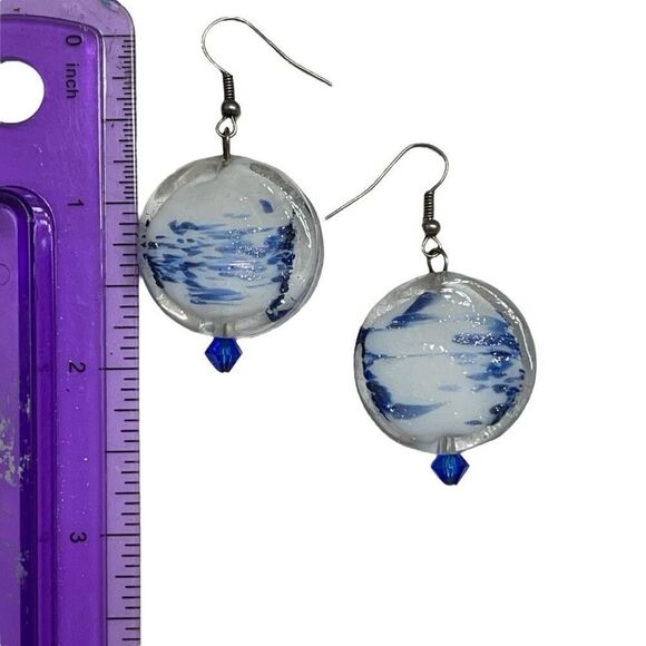 HANDMADE Large Round White/Blue Bead Dangle Earrings - Picture 3 of 4